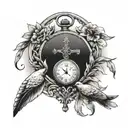 cross in clouds with pocket watch olive branches and dove  tattoo design idea
