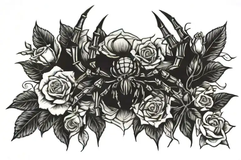 spider, knives and roses tattoo design idea