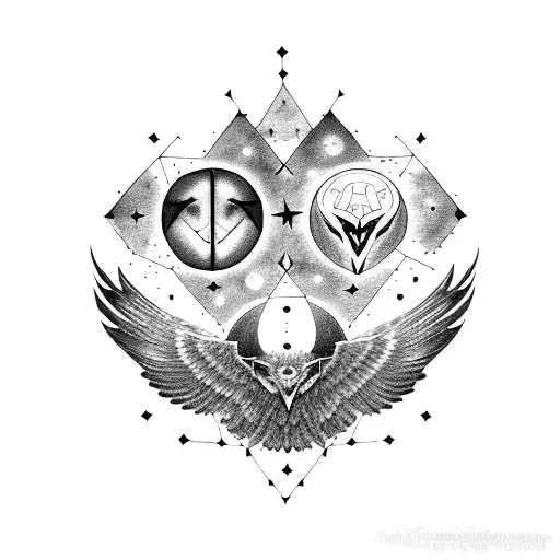 A blackwork tattoo of Odin's ravens, Huginn and Muninn, flying through a starry night sky tattoo design idea