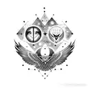 A blackwork tattoo of Odin's ravens, Huginn and Muninn, flying through a starry night sky tattoo design idea