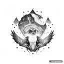 A blackwork tattoo of Odin's ravens, Huginn and Muninn, flying through a starry night sky tattoo design idea