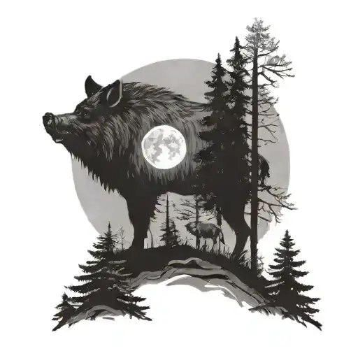 I want a design of a forest with a full moon in the background. There has to be a wild boar in the foreground. tattoo design idea