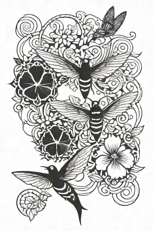 the Jedi symbol surrounding exactly 3 hummingbirds and exactly 3 honeybees around exactly 2 hibiscus  tattoo design idea