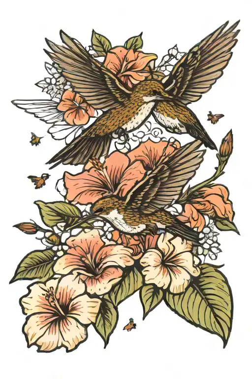 upper thigh tattoo of the Jedi symbol surrounding exactly 3 hummingbirds and exactly 3 honeybees around 2 hibiscus  tattoo design idea