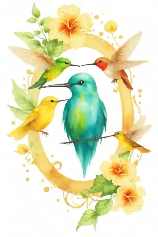 the Jedi symbol surrounding exactly 3 hummingbirds and exactly 3 honeybees around exactly 2 hibiscus  tattoo design idea