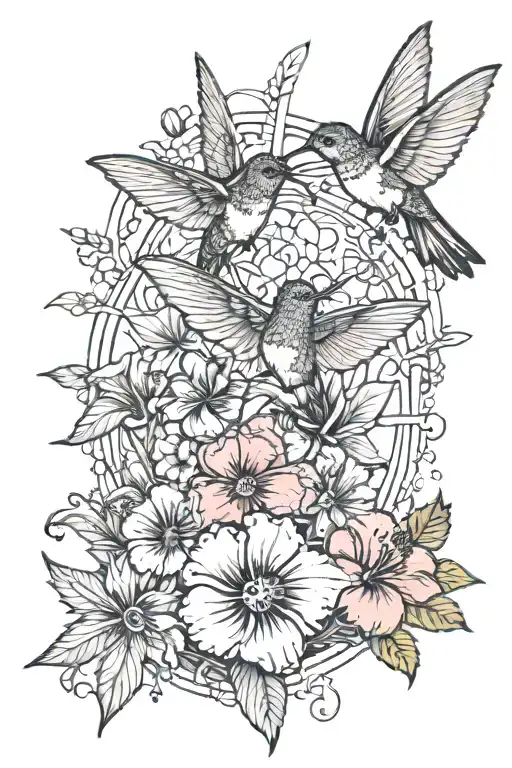 the Jedi symbol surrounding exactly 3 hummingbirds and exactly 3 honeybees around exactly 2 hibiscus  tattoo design idea