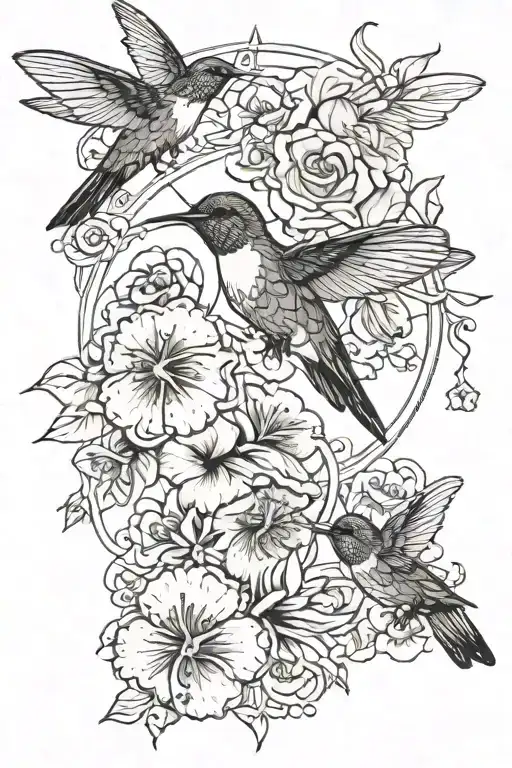 the Jedi symbol surrounding exactly 3 hummingbirds and exactly 3 honeybees around exactly 2 hibiscus  tattoo design idea