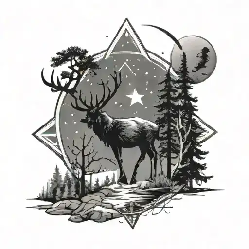 pine forest, star sky and capricorn, fish, twins and scorpio star signs  tattoo design idea