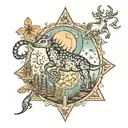 pine forest, star sky and capricorn, fish, twins and scorpio star signs  tattoo design idea