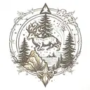 pine forest, star sky and capricorn, fish, twins and scorpio star signs  tattoo design idea