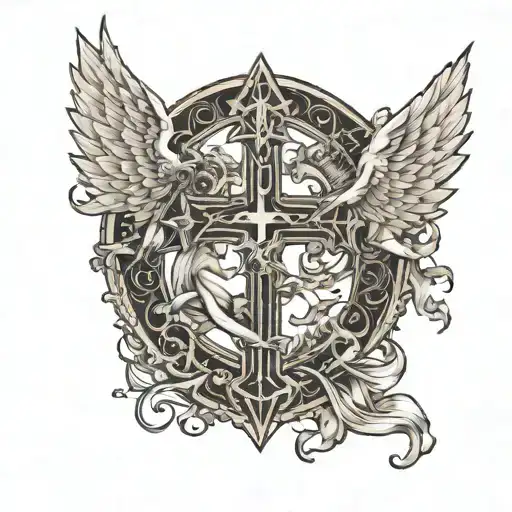 A symphonic metal inspired tattoo featuring angels and demons engaged in a battle over a gothic cross, symbolizing the eternal struggle between good and evil tattoo design idea