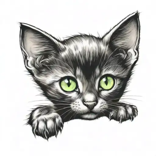 A black kitten, Big green eyes With big pupils, sitting alone tattoo design idea