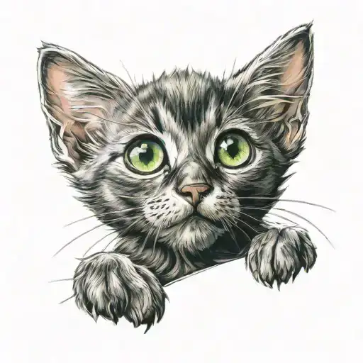 A black kitten, Big green eyes With big pupils, sitting alone tattoo design idea