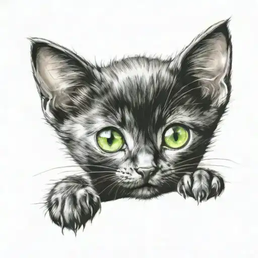 A black kitten, Big green eyes With big pupils, sitting alone tattoo design idea
