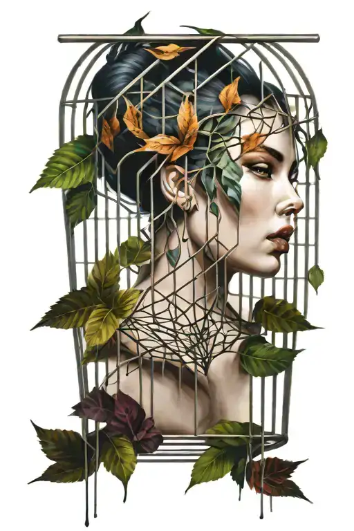 leafes women face cage tattoo design idea