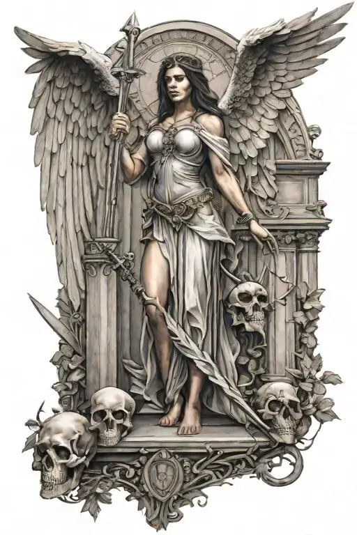 Female angel with big wings standing in a cathedral witha spear in one hand and a skull in the other hand. tattoo design idea