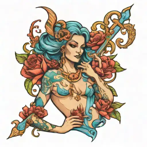 aquarius goddess with 2001 birth year on her chest tattoo design idea