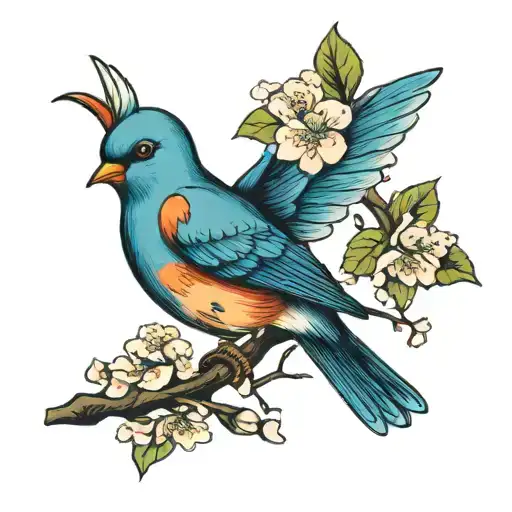 blue bird with cherry blossom tattoo design idea