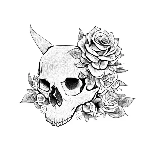  skull cat with flowers  tattoo design idea
