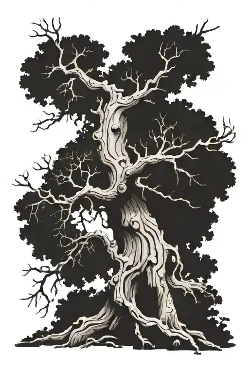 Oak Tree with Gnarly bark and names written in the bark tattoo design idea