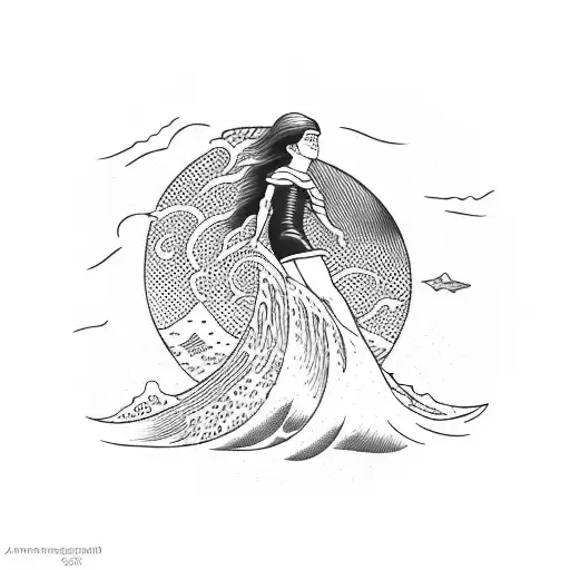 a girl crossing an ocean wave as if it was an obstacle  tattoo design idea