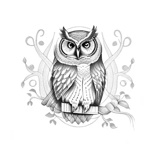 Musical notes intertwined with an owl perched on a branch tattoo design idea