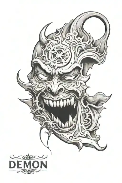 demon face with happy mask split in half tattoo design idea