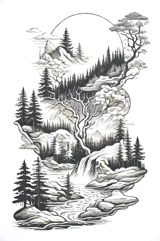 A serene landscape of a taiga with hidden musical elements subtly integrated tattoo design idea