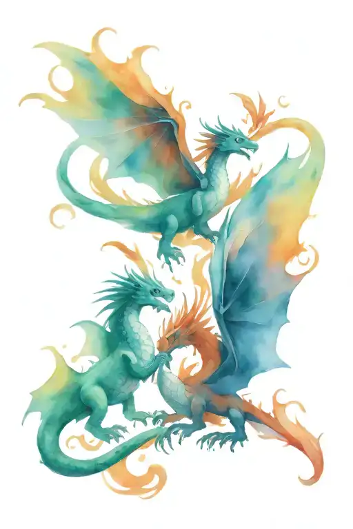 three dragons one red one gold one orange flying around an Indian paintbrush tattoo design idea