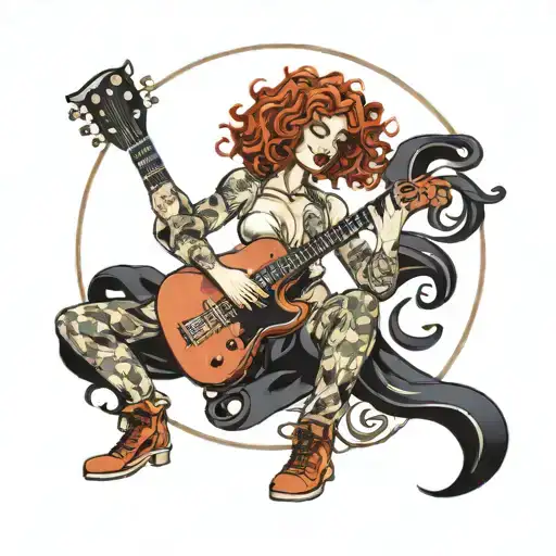 guitarist pinup with curly red hair, standing and full body.  tattoo design idea