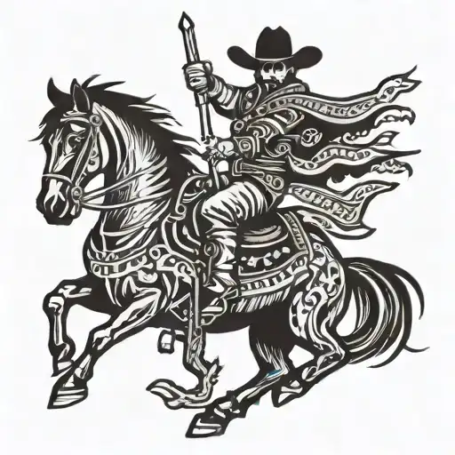 A cowboy riding a bucking bronco in a traditional American Indian headdress tattoo design idea