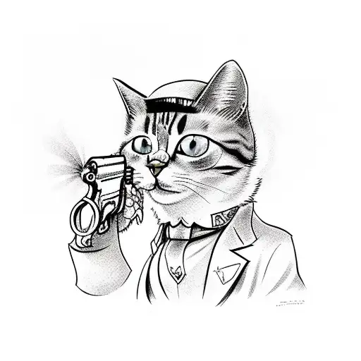  cartoon-ish cat and dog 1920s gangster with gun tattoo design idea