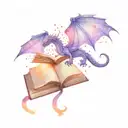 purple watercolor dragon flying above an open book with magic in the background  tattoo design idea
