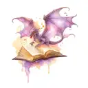 purple watercolor dragon flying above an open book with magic in the background  tattoo design idea