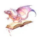 purple watercolor dragon flying above an open book with magic in the background  tattoo design idea