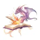 purple watercolor dragon flying above an open book with magic in the background  tattoo design idea