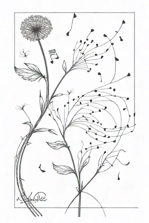 "Nashville" the stem of a dandelion, seeds of music notes blowing in the wind tattoo design idea