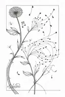 "Nashville" the stem of a dandelion, seeds of music notes blowing in the wind tattoo design idea