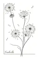 "Nashville" the stem of a dandelion, seeds of music notes blowing in the wind tattoo design idea