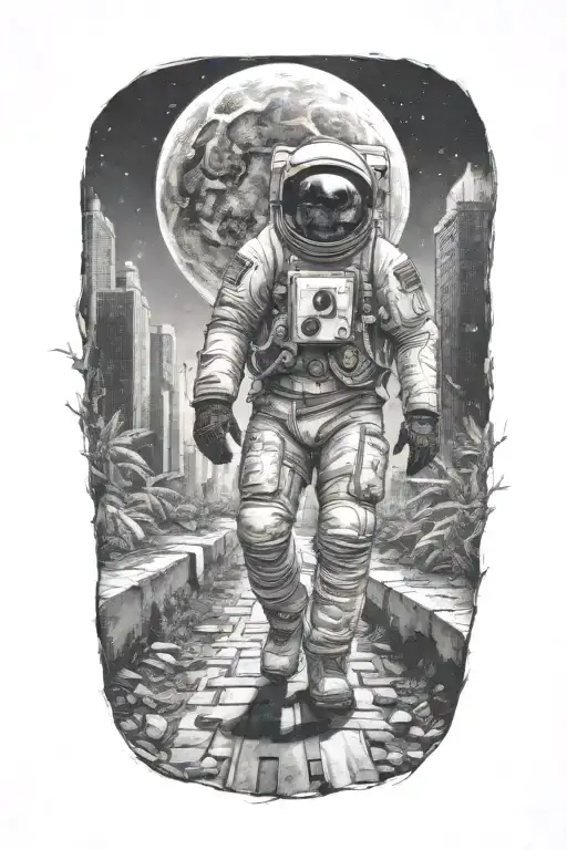 astronaut walking down road in overgrown, decaying metropolis with crumbling skyscrapers under cosmic sky  tattoo design idea