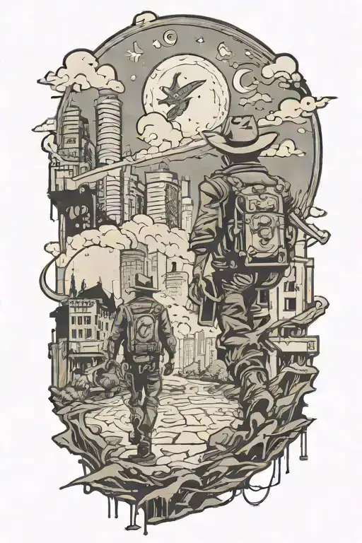 Cowboy Walking Towards An Abandoned Metropolis With Crumbling Skyscrapers Under Cosmic Sky With A crumbling moon  tattoo design idea