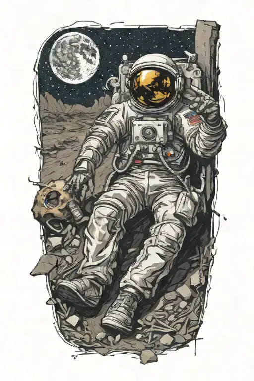 dead astronaut lying on the side of the road in the midst of an abandoned metropolis under a starry sky (crumbling moon) tattoo design idea