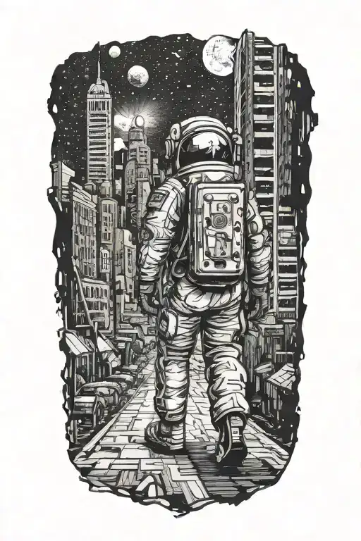 astronaut walking down road in abandoned metropolis crumbling skyscrapers under cosmic sky  tattoo design idea