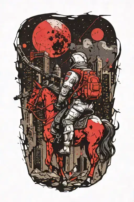 astronaut cowbow on a horse walking through an abandoned metropolis with crumbling skyscrapers under a dying moon tattoo design idea