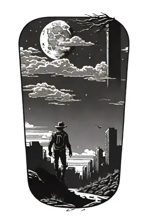 cowboy walking Through An Abandoned Metropolis With crumbling Skyscrapers Overgrown With Trees under a cosmic sky  tattoo design idea