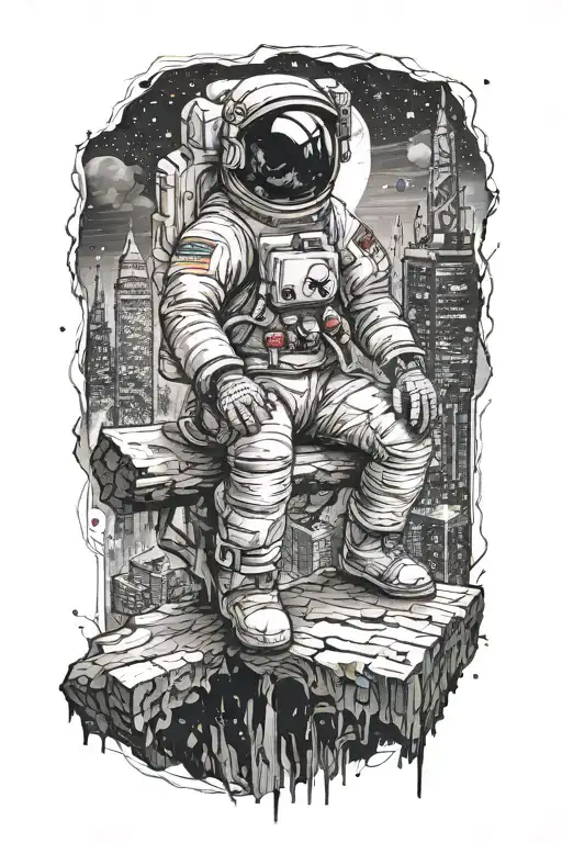 astronaut sitting on log looking towards an abandoned metropolis with crumbling skyscrapers under cosmic sky tattoo design idea