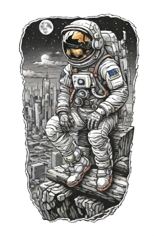 astronaut sitting on log looking towards an abandoned metropolis with crumbling skyscrapers under cosmic sky tattoo design idea