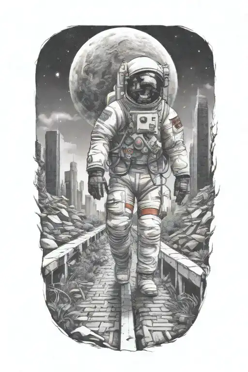 astronaut walking down road in overgrown metropolis crumbling skyscrapers under cosmic sky  tattoo design idea