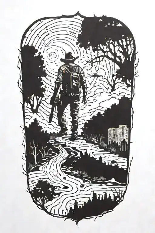 cowboy walking Through An Abandoned Metropolis With crumbling Skyscrapers Overgrown With Trees under a cosmic sky  tattoo design idea