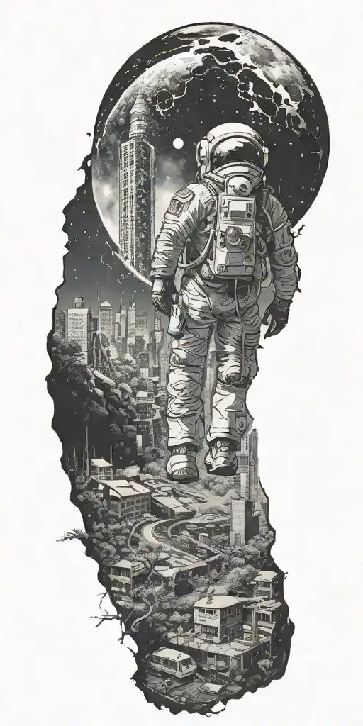 lonely astronaut walking through an abandoned metropolis with skyscrapers overgrown with trees under a cosmic sky  tattoo design idea